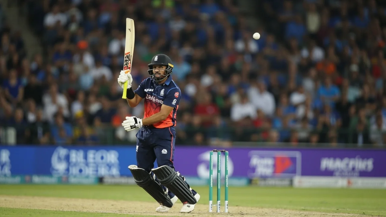 Rachin Ravindra on-drives during a Hundred fixture in the 2026 English Men's 100 League season