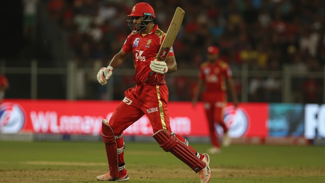 Close sideline action of a batsman in a red jersey swinging a bat while a yellow-kit fielder dives in the background