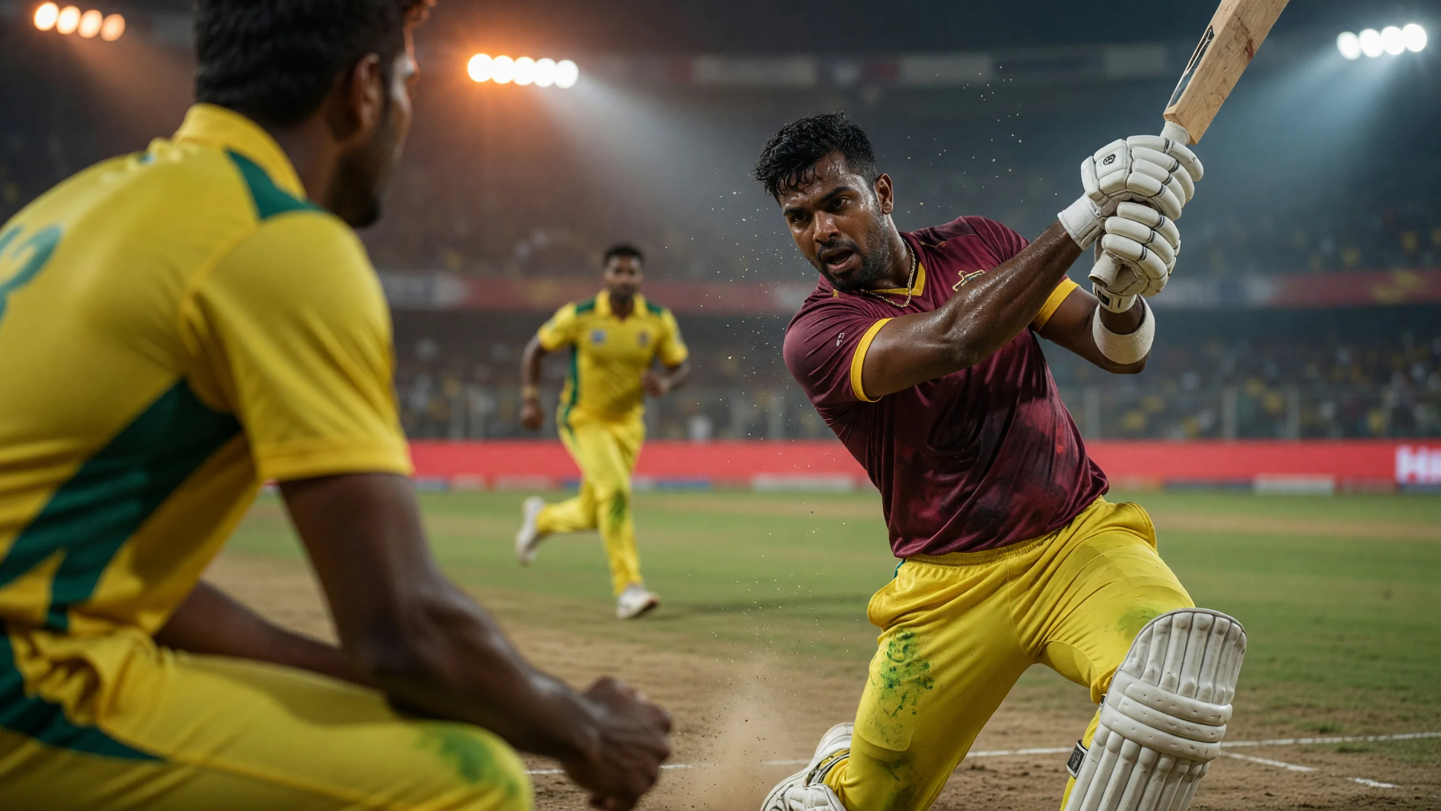 Close sideline action of a batsman in a maroon jersey and yellow trousers swinging a bat while a yellow-kit fielder crouches nearby