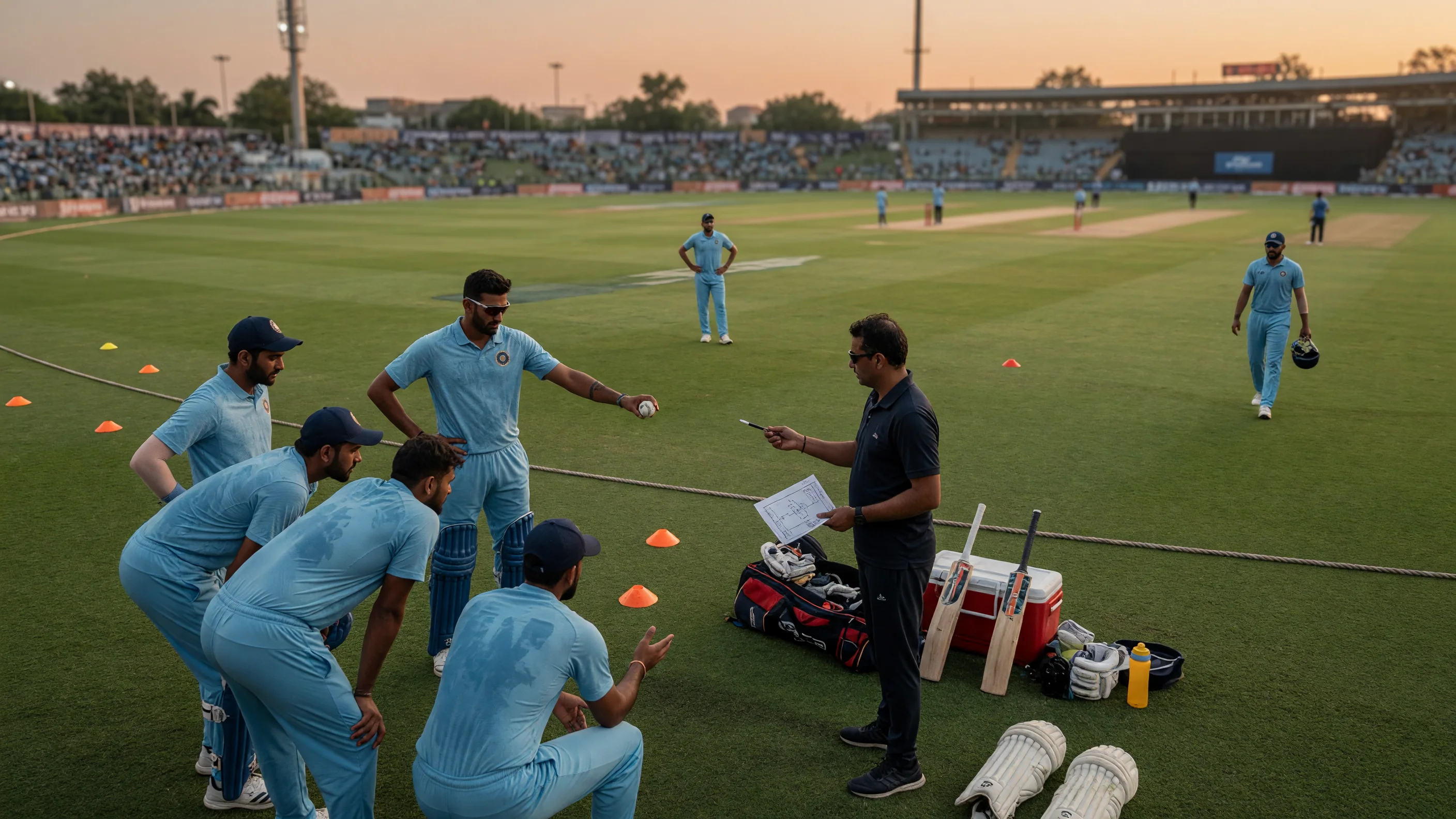 Light-blue kit cricket players huddling with a coach holding a tablet and clipboard beside cones, pads and a drinks cooler on the outfield