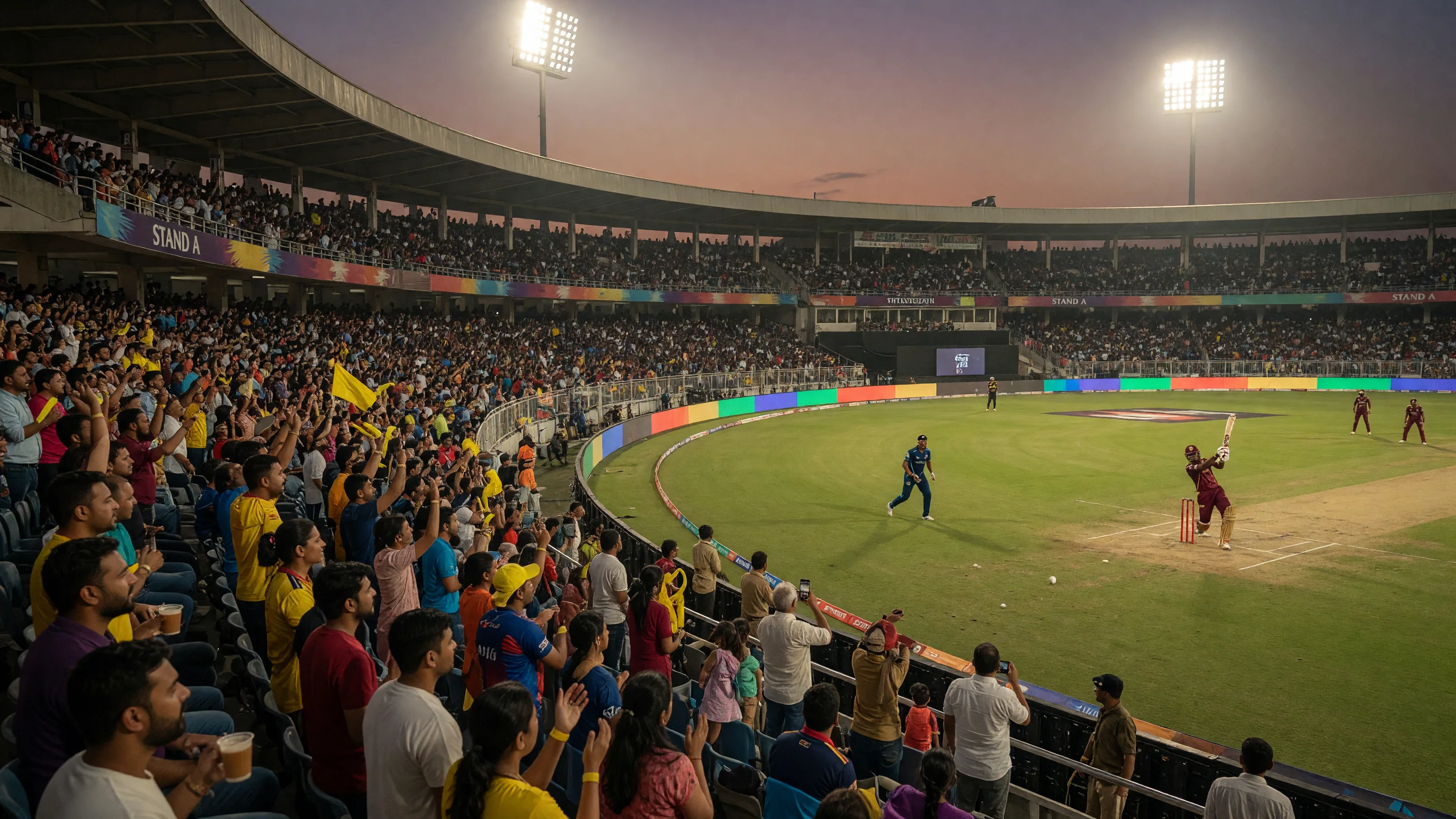 Night cricket stadium packed with spectators watching players on a floodlit oval field