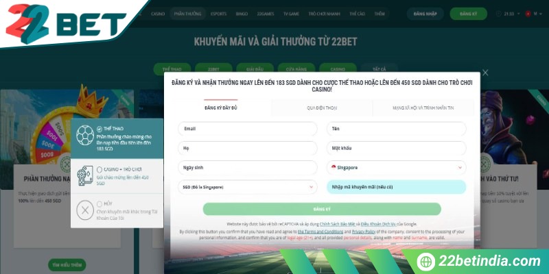 Cách đăng ký tài khoản 22Bet như thế nào- Điền đủ thông tin