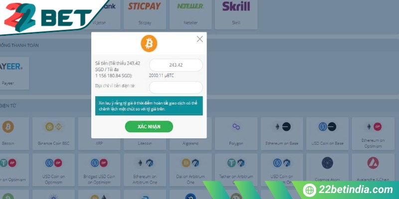 Điền đủ thông tin khi thực hiện cách rút tiền từ 22Bet